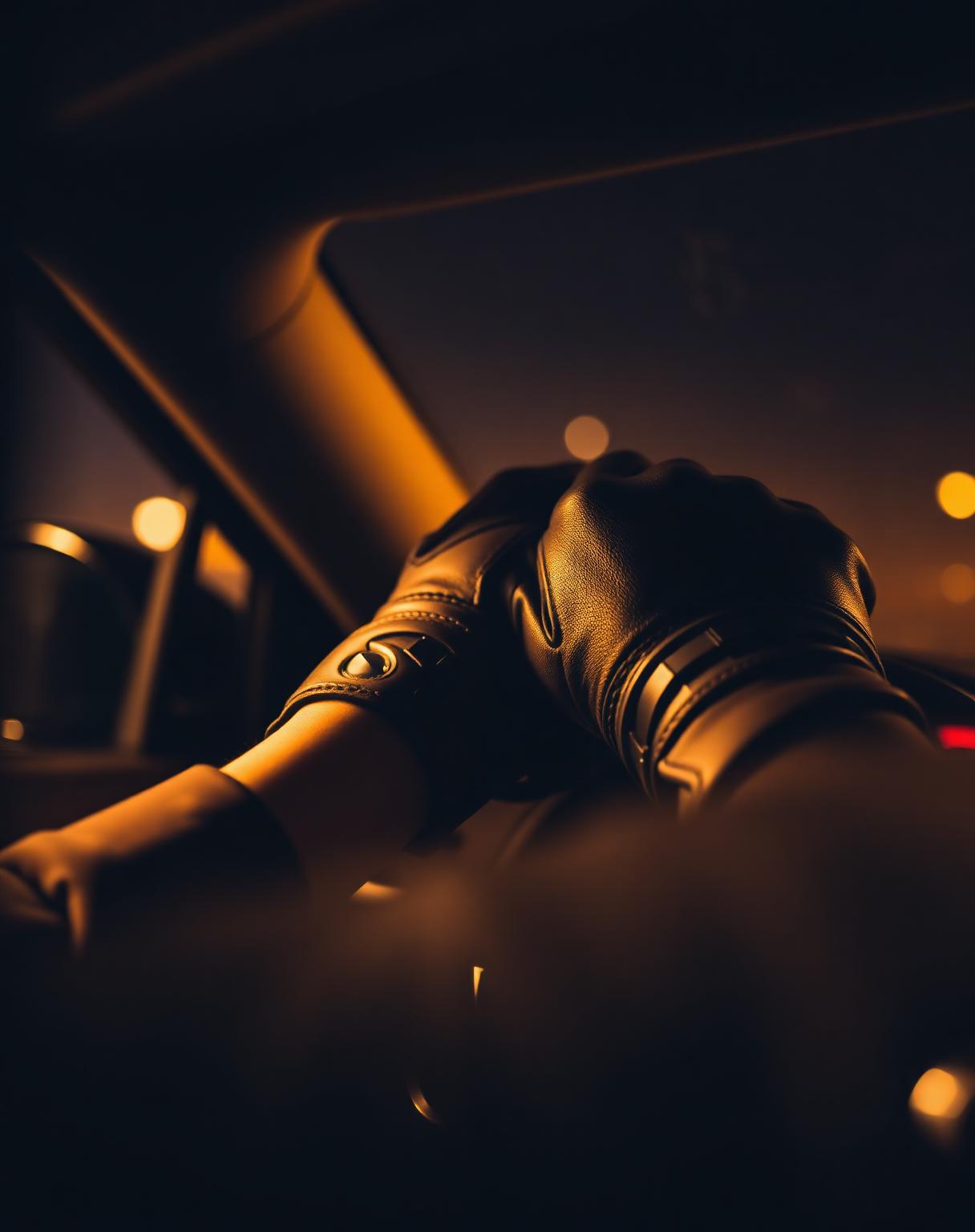 Fahrer mit Lederhandschuhen am Steuer